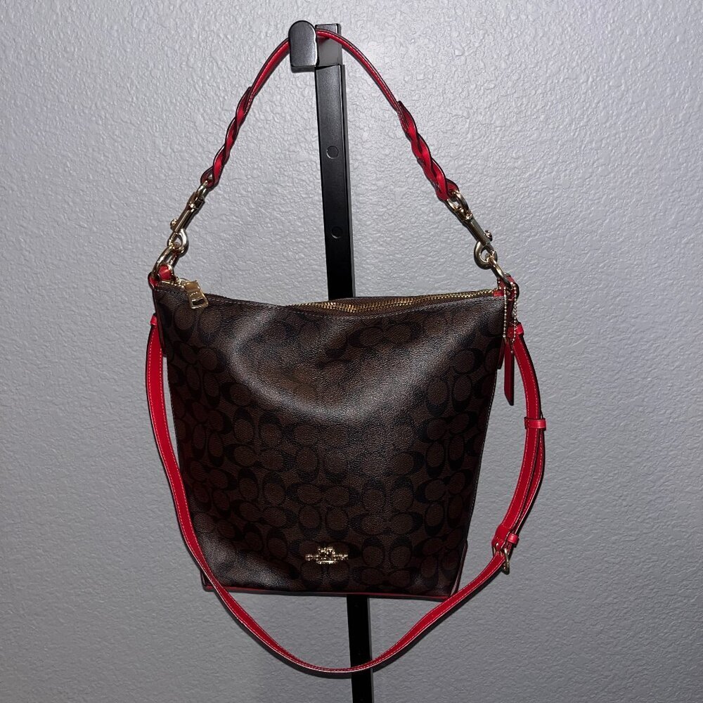COACH ABBY DUFFLE SHOULDER & CROSSBODY STRAP BROWN SIGNATURE & RED NWOT 12"X13"